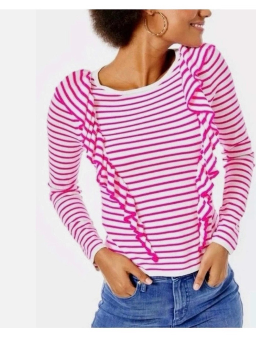 Lilly Pulitzer the Ruth pink striped ruffled coquette preppy sweater top XS